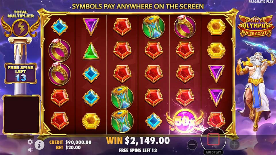 Gates of Olympus Super Scatter slot with x50 multiplier boost.