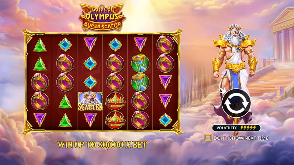 Gates of Olympus Super Scatter homepage showing up to 50,000x max win and its features