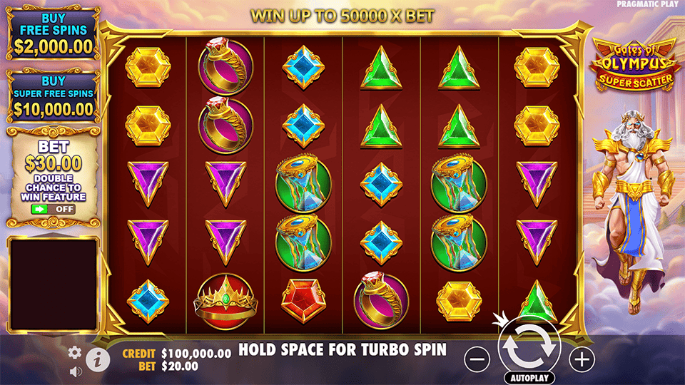 Gates of Olympus Super Scatter base game with 6 reels and vibrant gem symbols