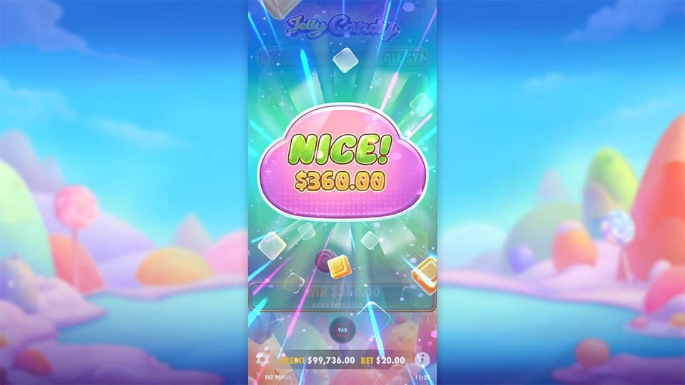 Jelly Candy slot big win screen showing a $360 payout.