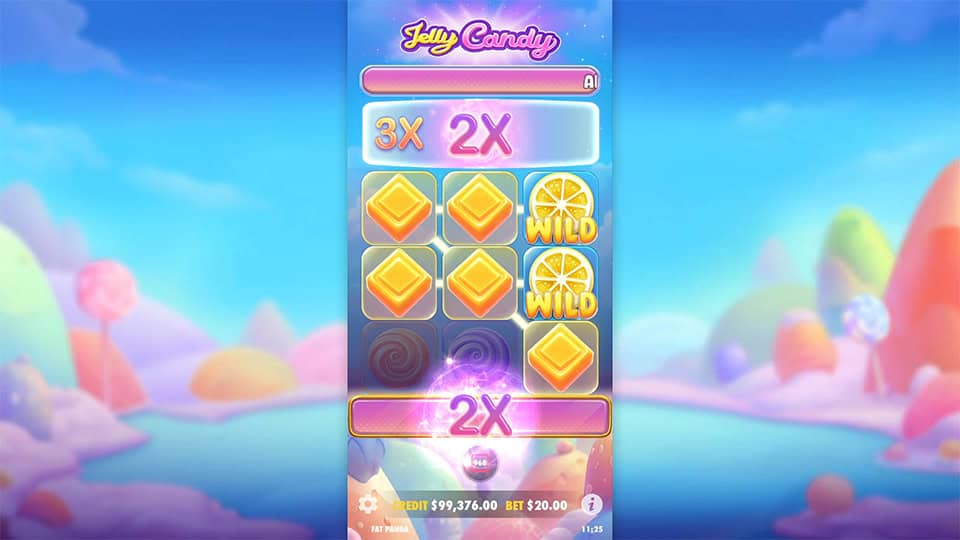 Jelly Candy slot gameplay showcasing a 2x reel multiplier feature.