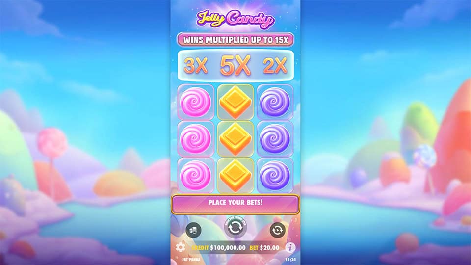 Jelly Candy slot game preview featuring multipliers and wild symbols.