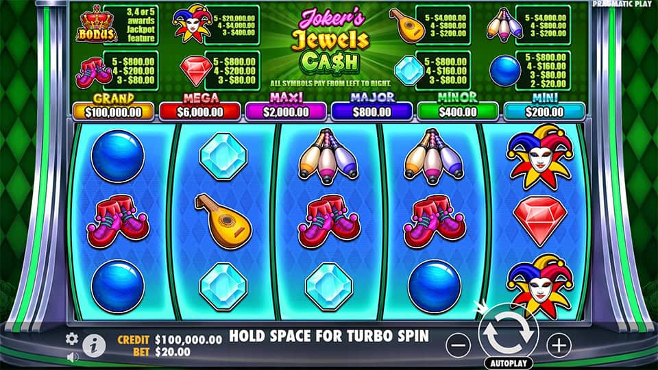 Screenshot of the Joker's Jewels Cash slot showing reels, symbols and jackpot values.