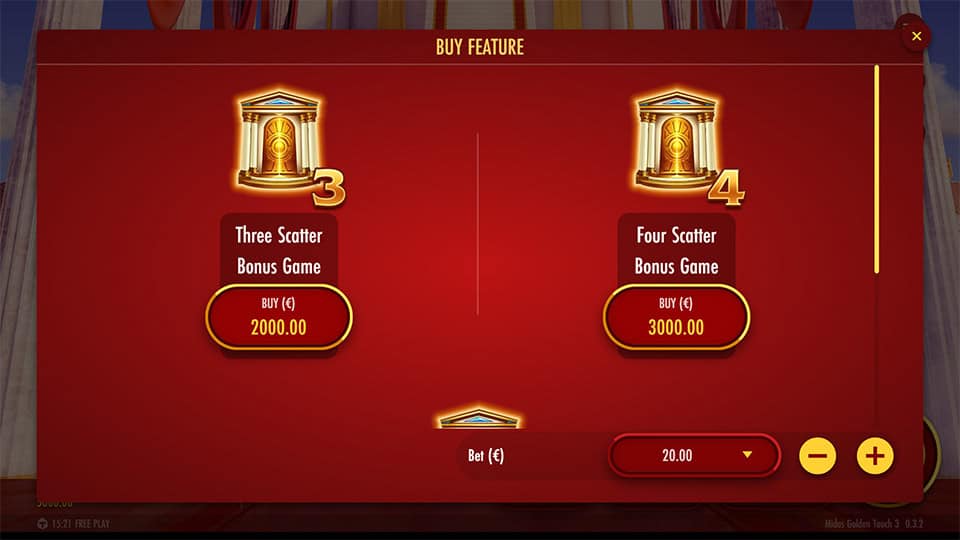 Bonus Buy feature in Midas Golden Touch 3 slot offering three options: 3 Scatters, 4 Scatters or 5 Scatters Bonus Game.