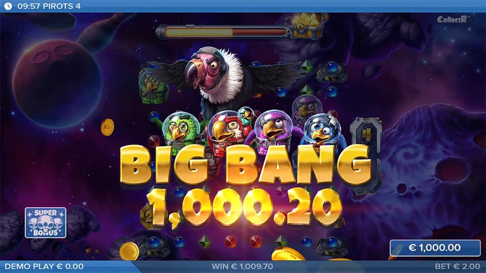 Big Bang win message with bird crew and golden numbers against a galactic backdrop.
