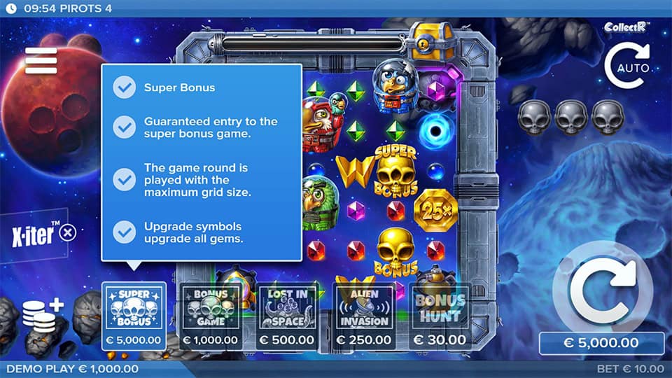 X-iter menu displaying Super Bonus, Alien Invasion, Lost in Space and Bonus Hunt options.