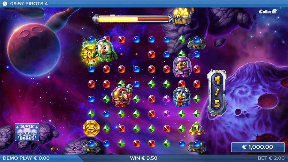 Highlighted grid with x500 golden coin, 25x symbol and colorful gems in outer space.
