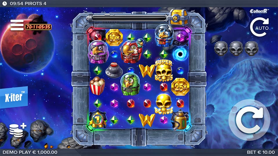 Game grid featuring gem symbols, skull bonus icons and bird astronauts inside a spaceship-themed layout.