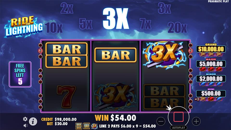 Ride the Lightning slot showing a x3 multiplier active during free spins, enhancing potential wins.