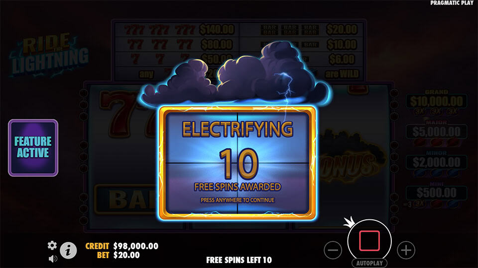Free spins bonus screen in Ride the Lightning slot, awarding 10 electrifying free spins with lightning effects.