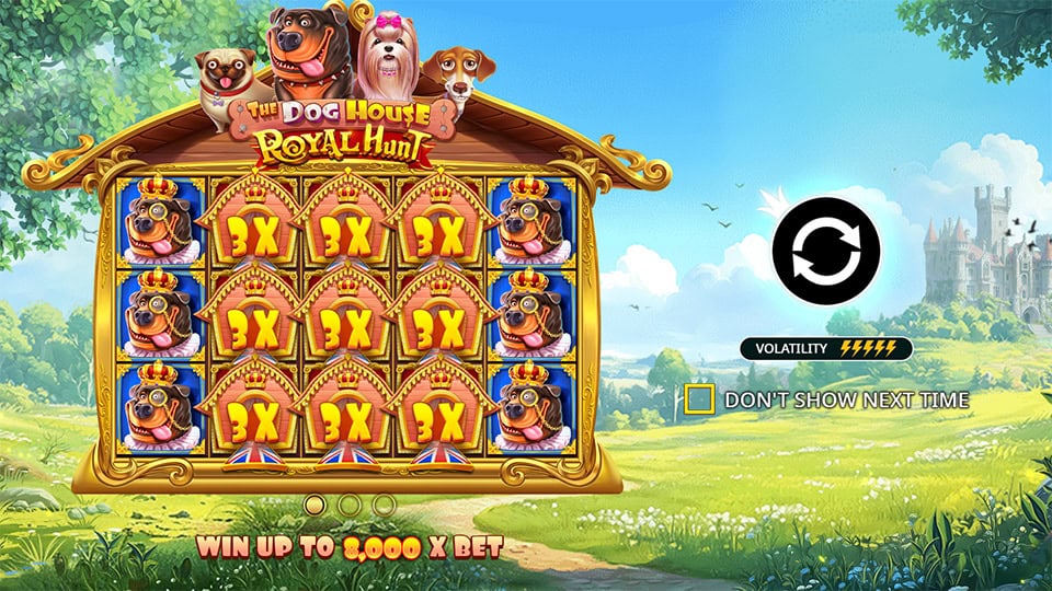 Homepage of The Dog House Royal Hunt slot introducing game features, multipliers and bonus mechanics.