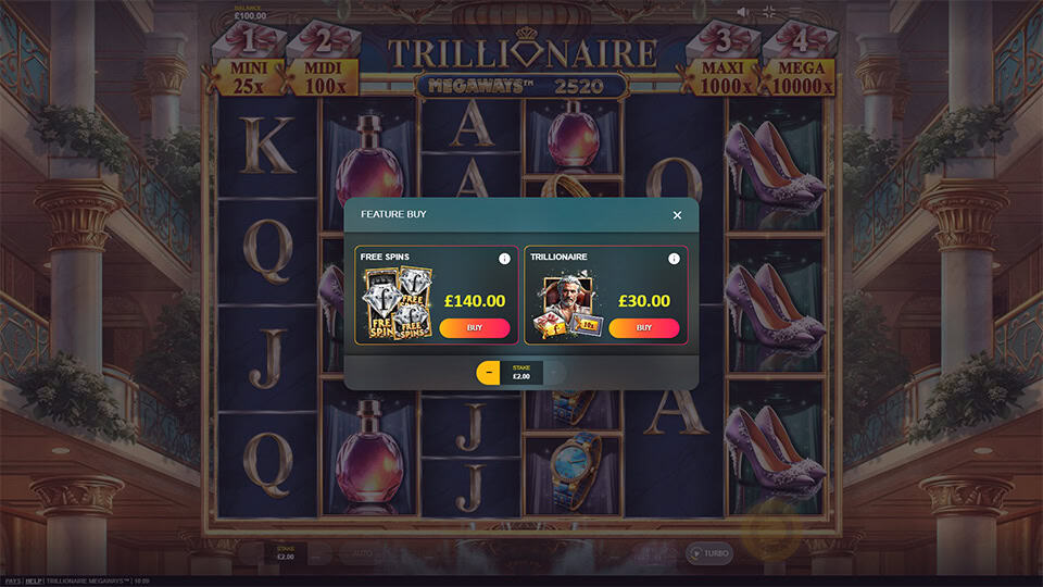Trillionaire Megaways slot bonus buy screen showing Free Spins and Trillionaire options with price