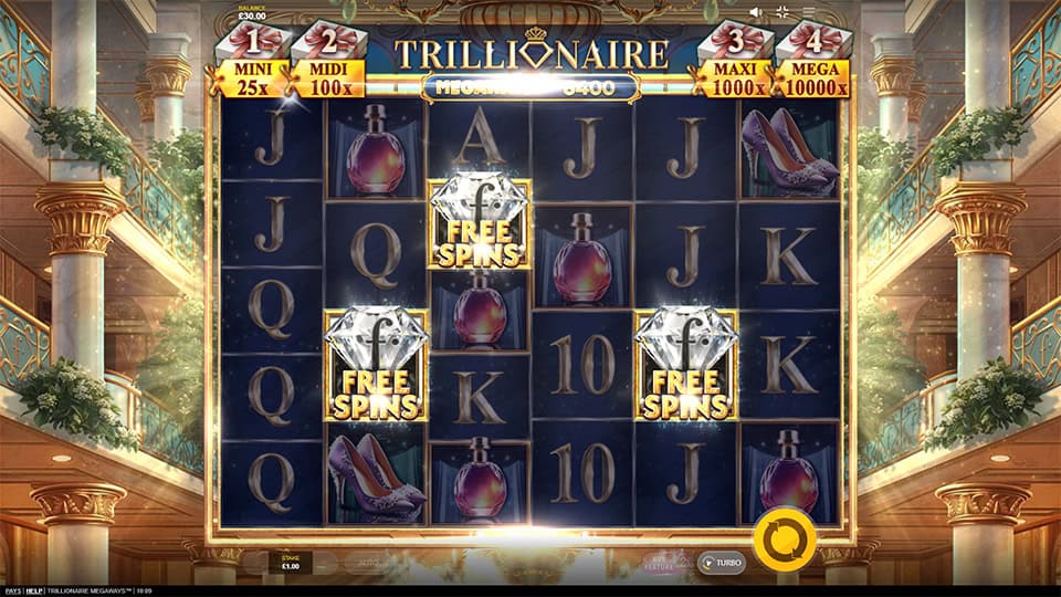 Trillionaire Megaways slot showing 3 Free Spins diamond scatters on the reels