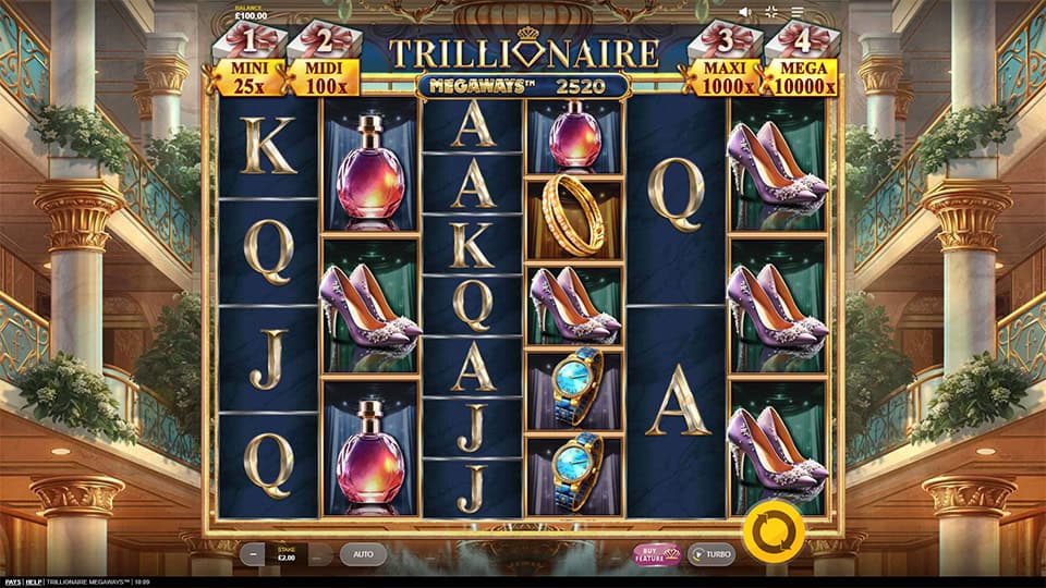 Trillionaire Megaways slot base game reels with luxury-themed symbols