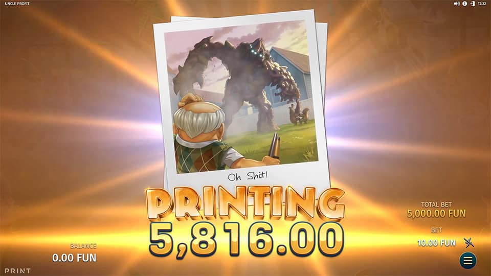 Uncle Profit slot showing Printing win of 5,816.00 with photo of monster encounter and golden background.