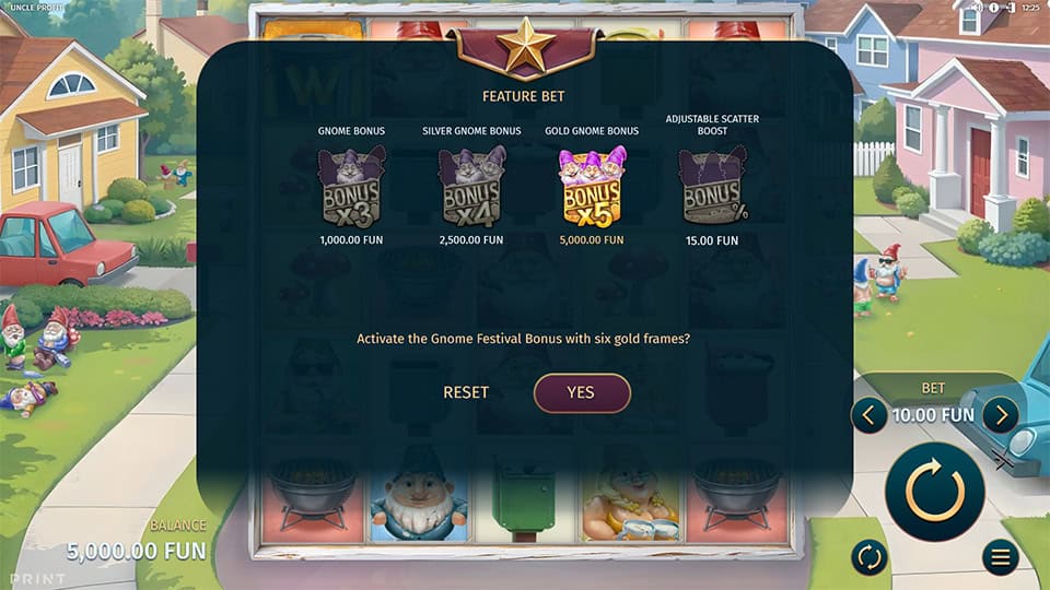 Uncle Profit slot buy menu with Gnome Bonus tiers and adjustable scatter boost prices.