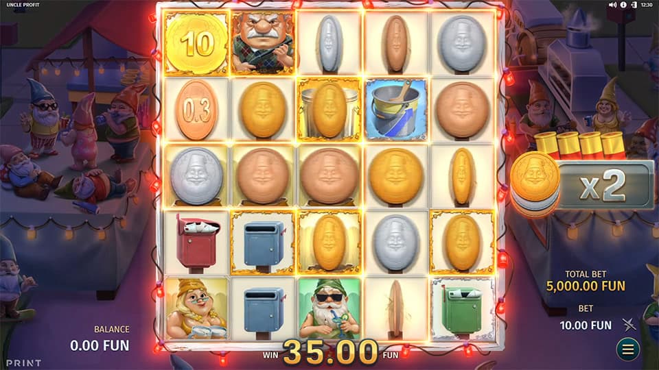 Uncle Profit feature screen with gnome targets for shooting bonus rewards and multipliers.