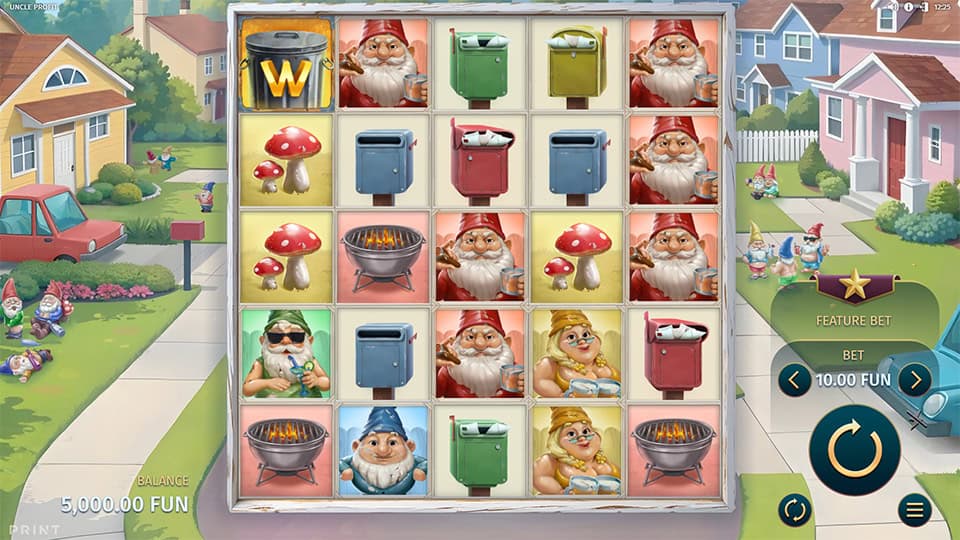Uncle Profit slot grid with gnomes, mailboxes, mushrooms and wild symbol in a front yard setting.