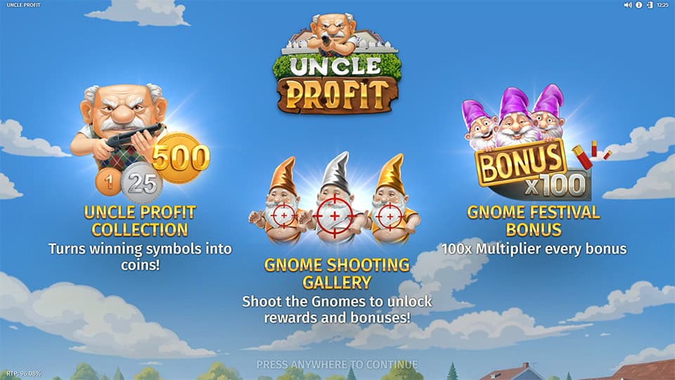 Uncle Profit homepage featuring slot mechanics like Gnome Bonus, Shooting Gallery and Festival Bonus.