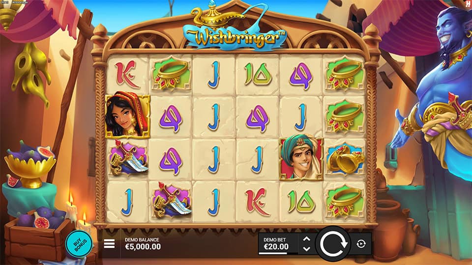 Gameplay screen of Wishbringer slot showing vibrant reels with mystical symbols.