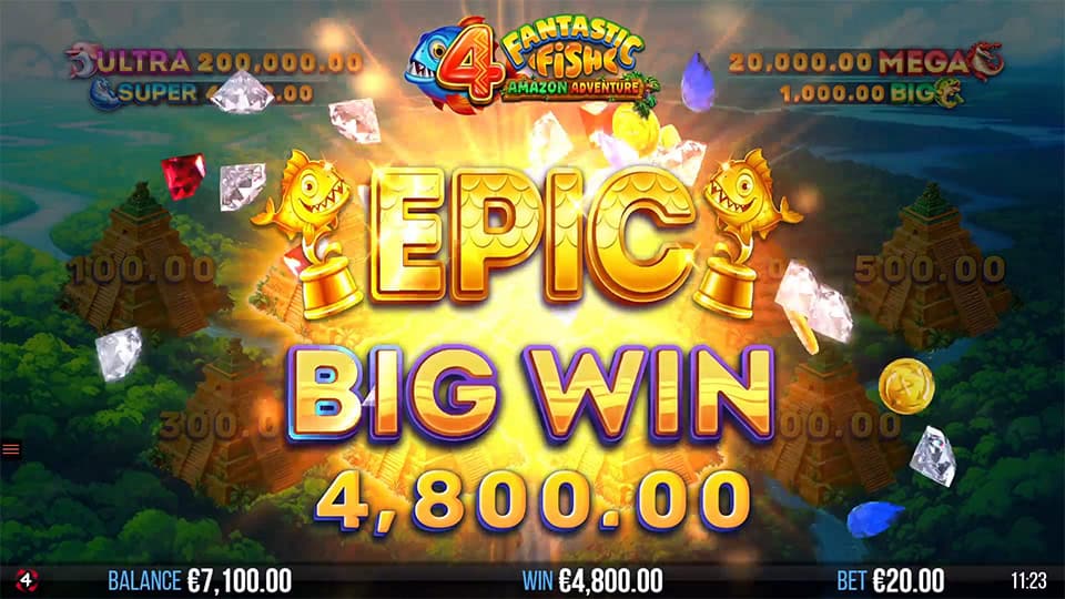 4 Fantastic Fish Amazon Adventure slot showing 4,800.00 Epic Big Win with golden glow and gem explosion.