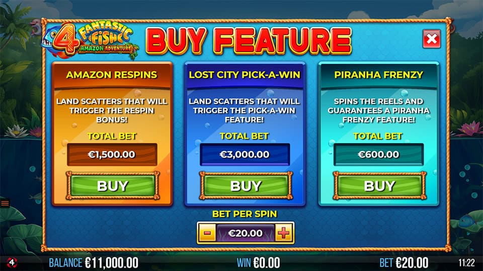 4 Fantastic Fish Amazon Adventure buy screen with Amazon Respins, Pick-a-Win and Piranha Frenzy options.