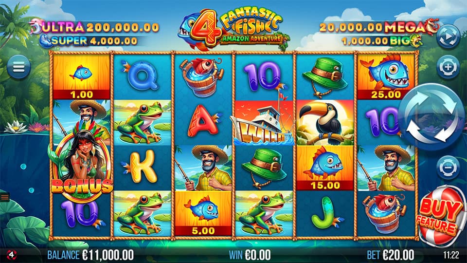 4 Fantastic Fish Amazon Adventure slot grid with fish, frogs, fishermen and bonus symbols.