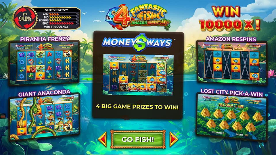 4 Fantastic Fish Amazon Adventure homepage with feature previews and “Go Fish” start button.