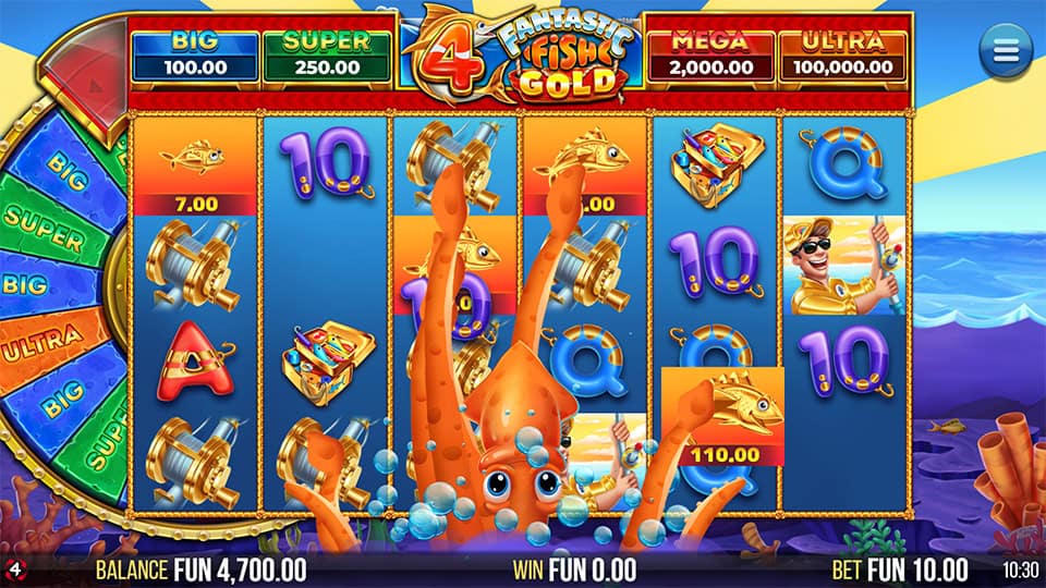 Giant orange squid grabs cash fish symbols across the reels during a bonus spin feature.