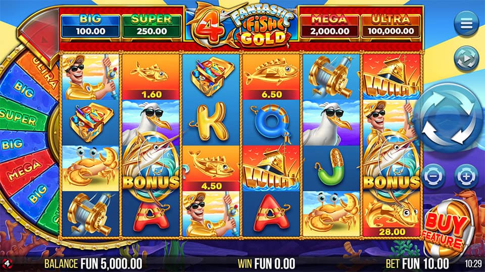 Reel layout with colorful sea-themed symbols like anglers, rods, treasure chests and wild icons set against a vibrant ocean scene.