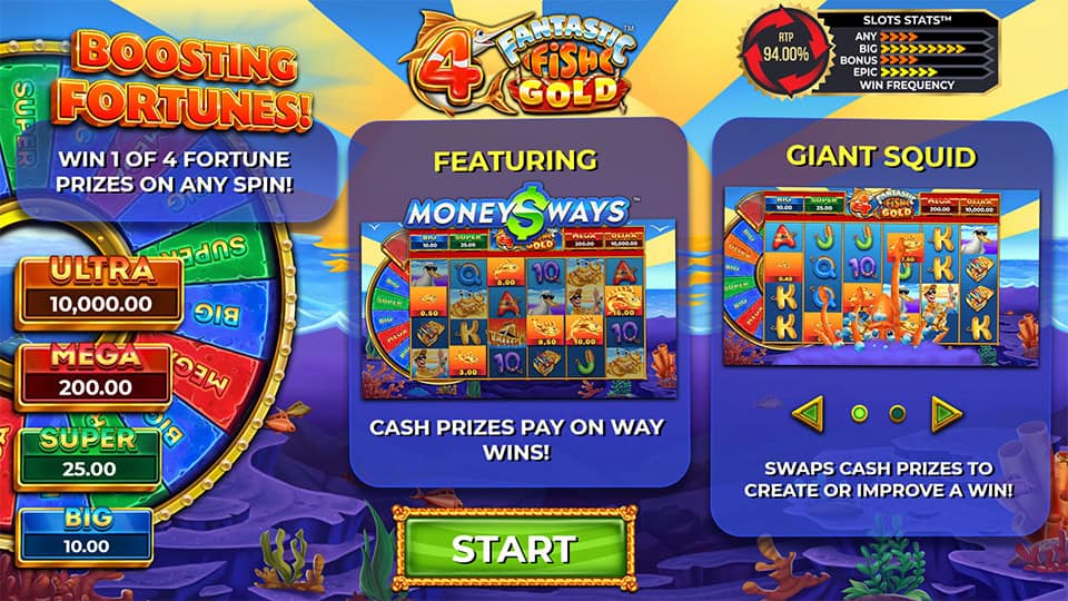 Introduction screen showing bonus prize wheel, feature mechanics like Money Ways and Giant Squid and a large green start button.