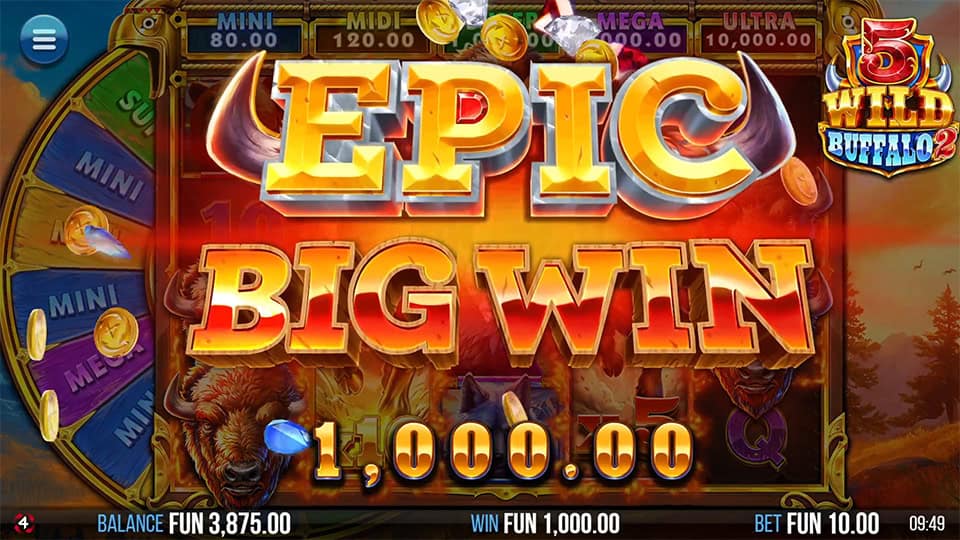 5 Wild Buffalo 2 epic win screen showing 1,000.00 payout