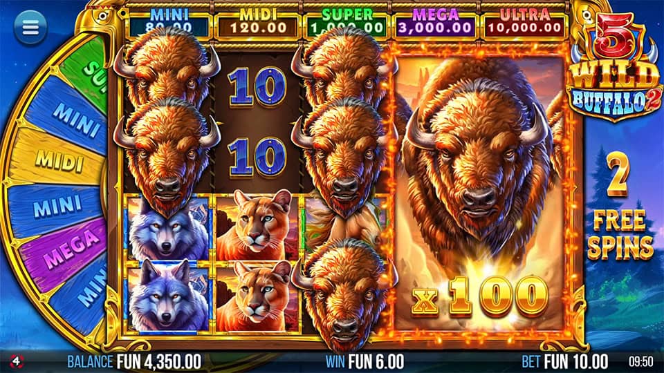 5 Wild Buffalo 2 reels with stacked buffalo symbols and x100 multiplier