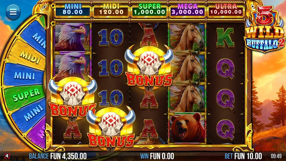5 Wild Buffalo 2 reels showing three bonus symbols triggering feature