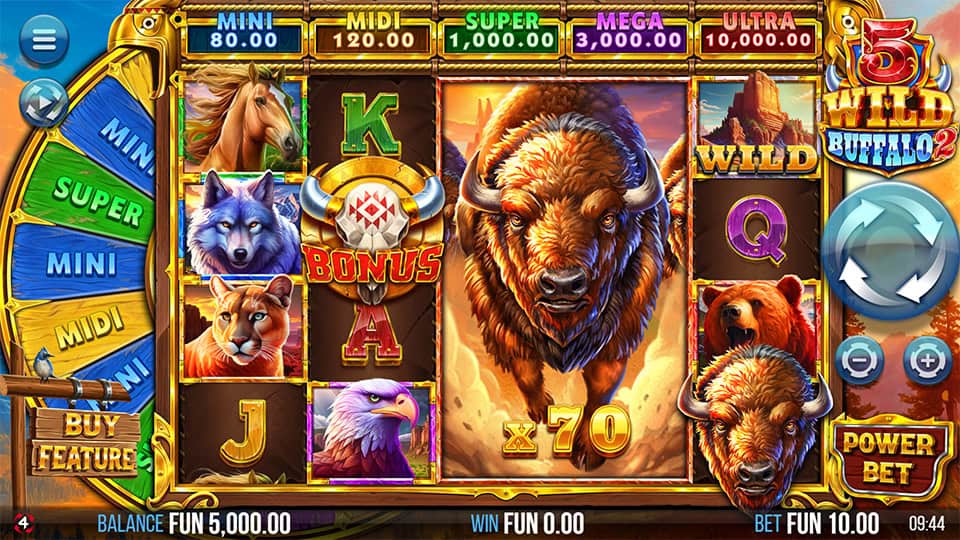 5 Wild Buffalo 2 slot reels showing buffalo x70 symbol and bonus symbols