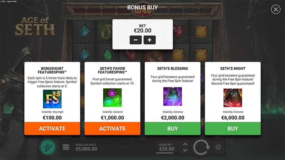 Bonus Buy menu with 4 options from Bonushunt to Seth’s Might