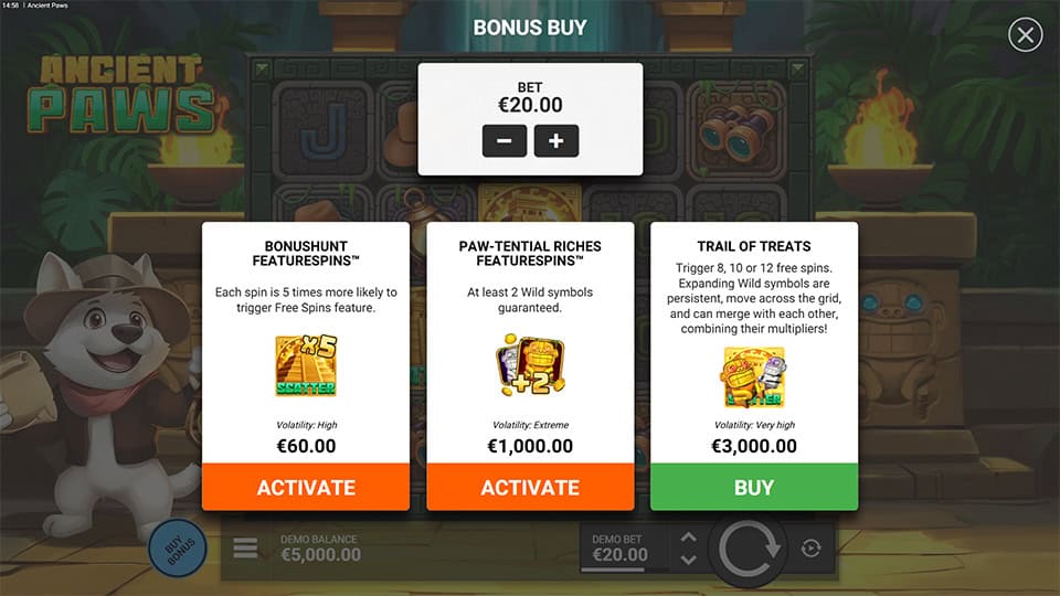 Ancient Paws slot bonus buy options, including Bonushunt FeatureSpins, Paw-tential Riches FeatureSpins and Trail of Treats free spins.