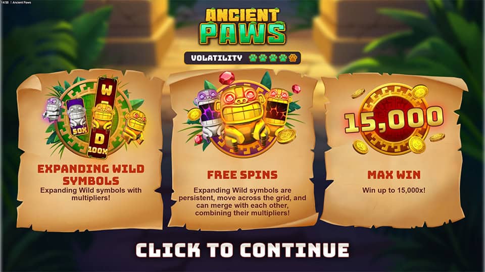 Overview of Ancient Paws slot features, highlighting expanding wild symbols, free spins and a max win of 15,000x.