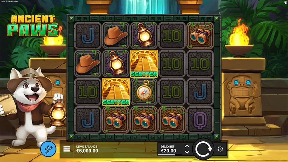 Base game view of the Ancient Paws slot, showing symbols like explorer hats, lanterns and scatter symbols on the reels.