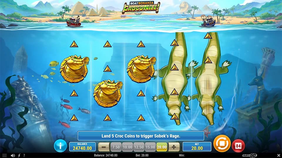 Boat Bonanza CrocoNile! slot showing the Croc'N Spin feature with crocodile animations and bonus triggers.
