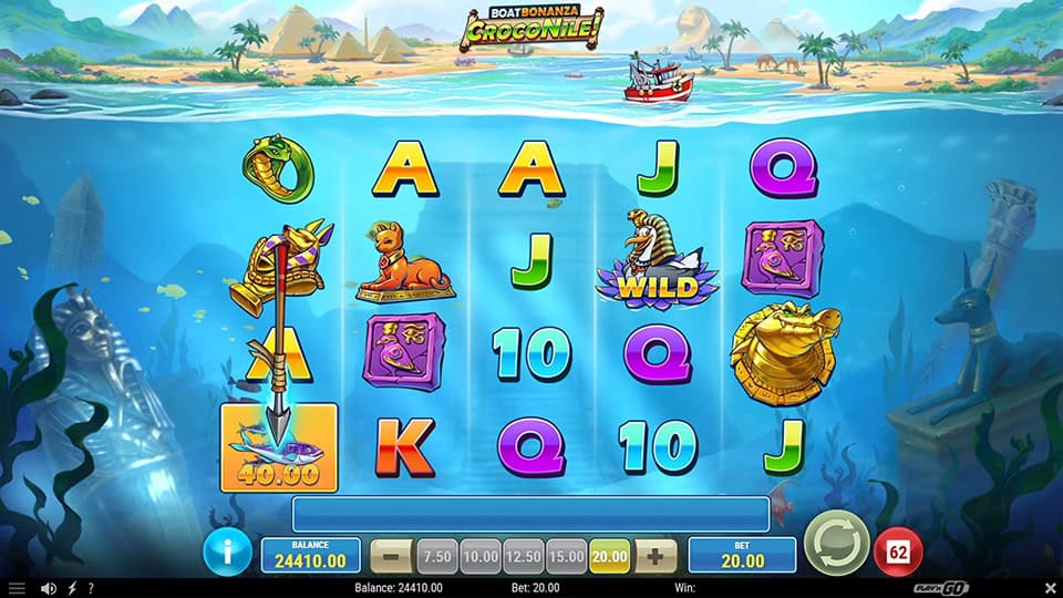Boat Bonanza CrocoNile! slot displaying the Spear Shot feature, catching a fish symbol for an instant win.