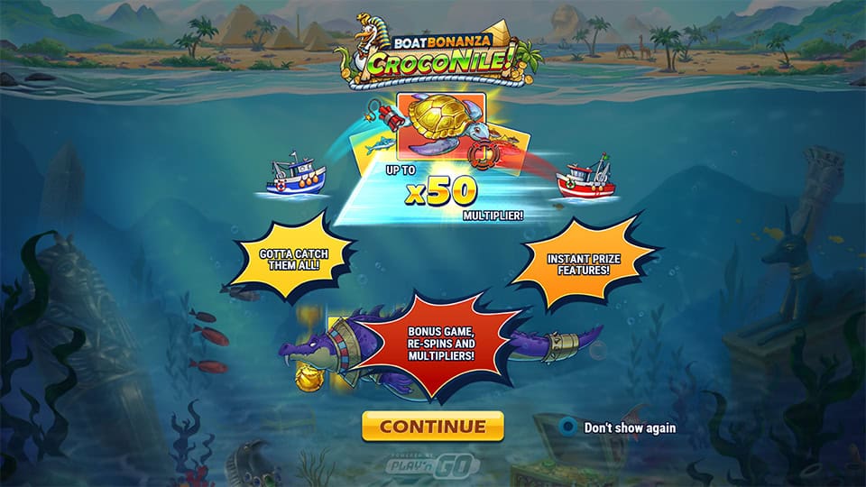 Boat Bonanza CrocoNile! slot introduction screen highlighting multipliers, bonus games and instant prize features.
