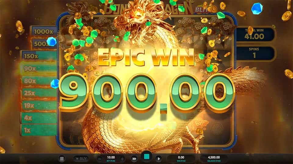 Epic win screen in Bonsai Dragon Blitz slot displaying a 900.00 win amount with gold coins and gem animations exploding around the golden dragon.