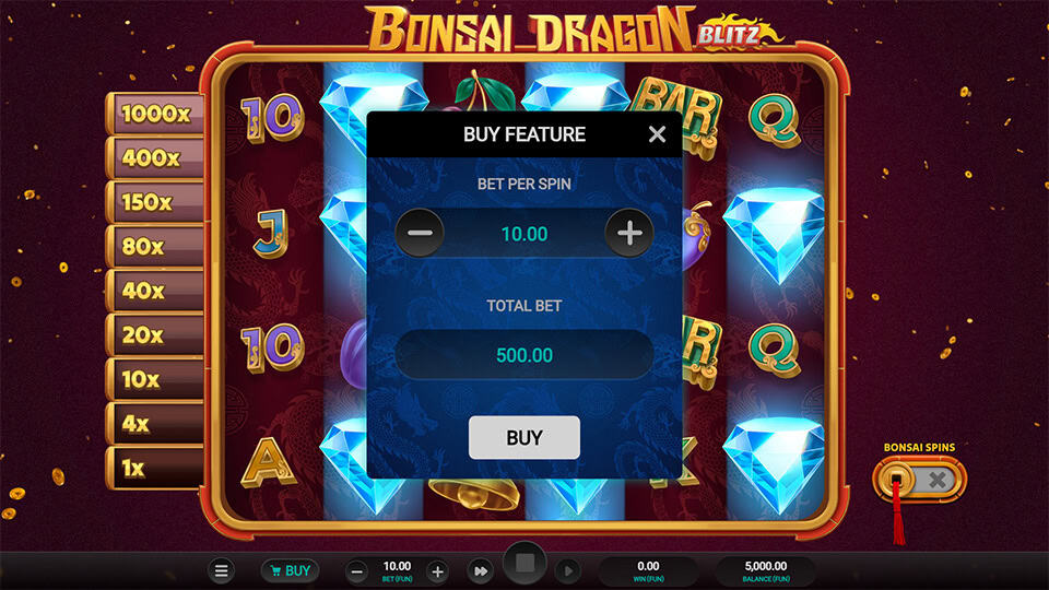Bonus buy menu in Bonsai Dragon Blitz with adjustable bet settings and a highlighted x50 bet for buying the feature directly.