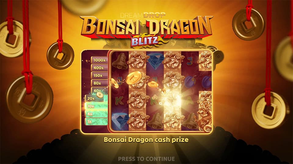 Intro screen of Bonsai Dragon Blitz Dream Drop showcasing the cash prize ladder, golden bonsai trees and high win potential.