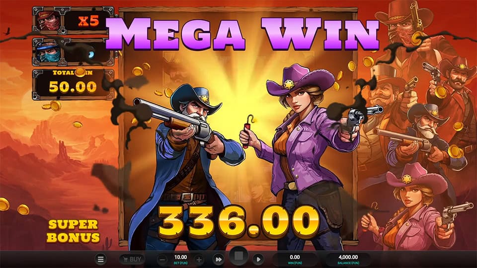 Bounty County Mega Win screen with 336.00 prize and armed duo.