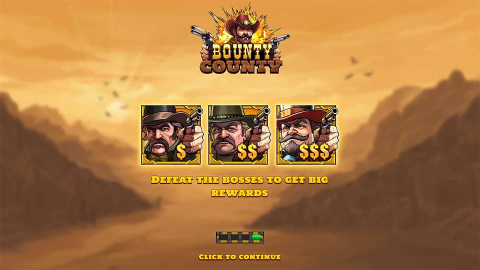 Bounty County homepage with boss icons and reward message.