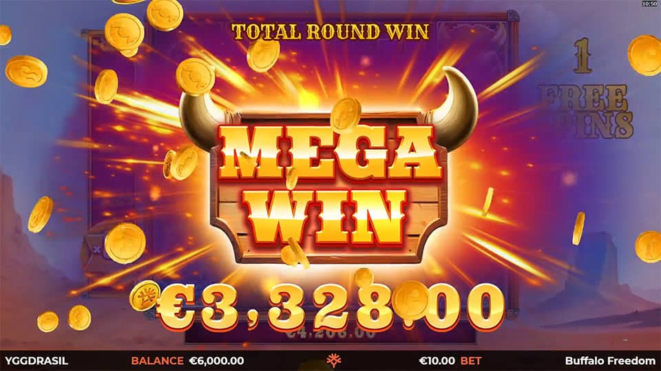 Buffalo Freedom DoubleMax slot displaying a Mega Win screen with coins and a winning amount of €3,328.