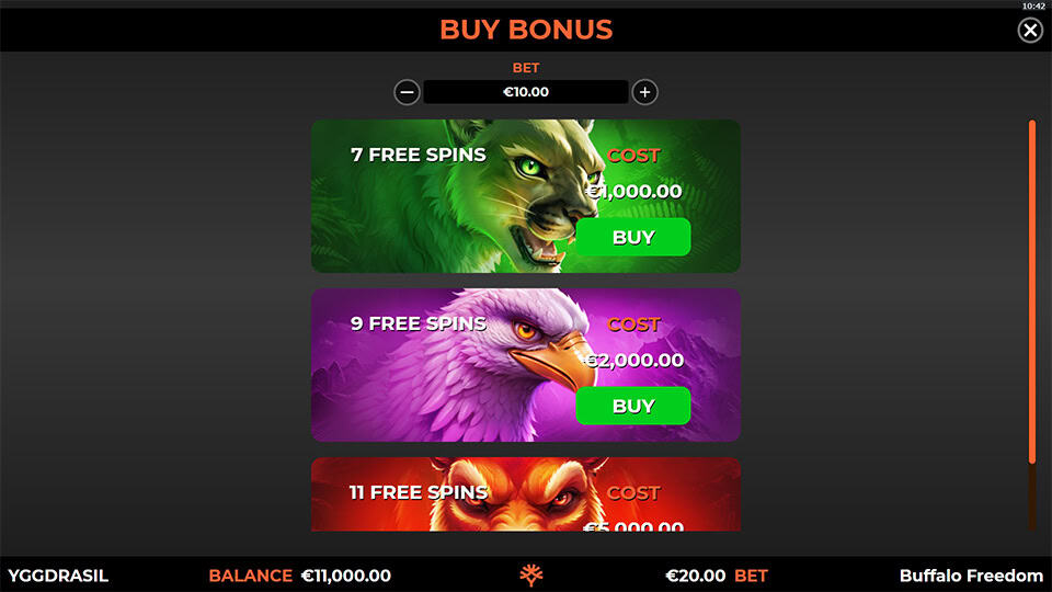 Buffalo Freedom DoubleMax slot Bonus Buy menu offering different Free Spins options with varying costs.