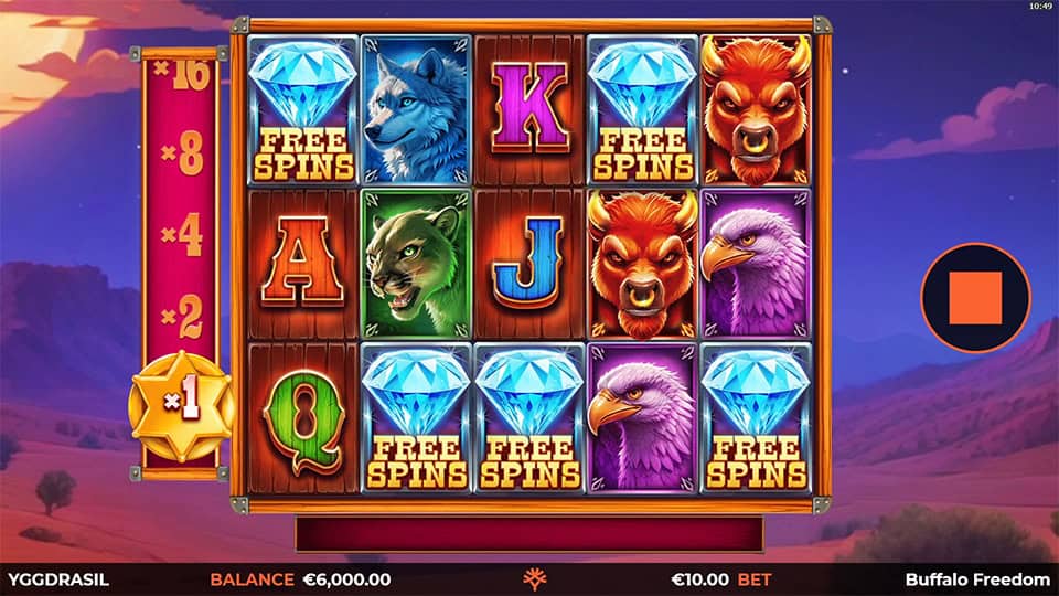 Buffalo Freedom DoubleMax slot displaying 5 Free Spins scatter symbols on the reels.